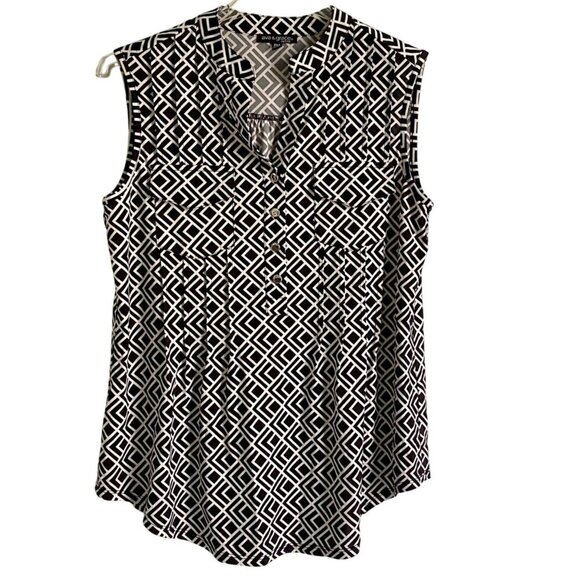 Ava & Grace Black White Sleeveless Quarter Button Top Women's Petite Medium - Picture 1 of 9
